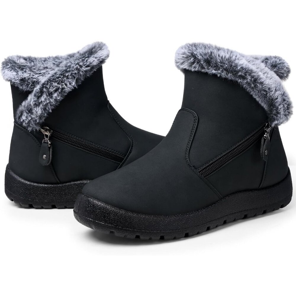 Women's Waterproof Snow Boot Warm Ankle Fur Lined Booties Insulated Shoes Black - Picture 3 of 6